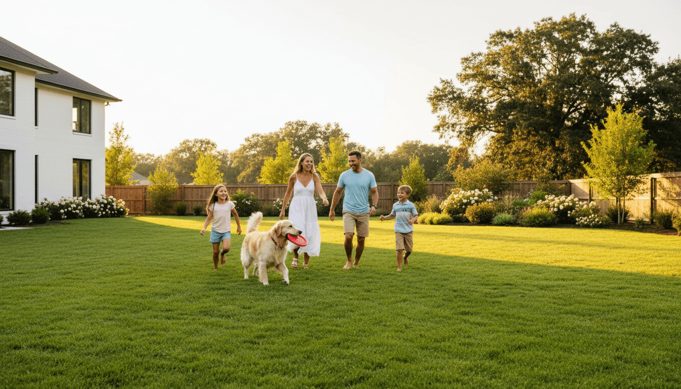 Family with dog enjoying a clean, well-maintained yard free of waste and pests