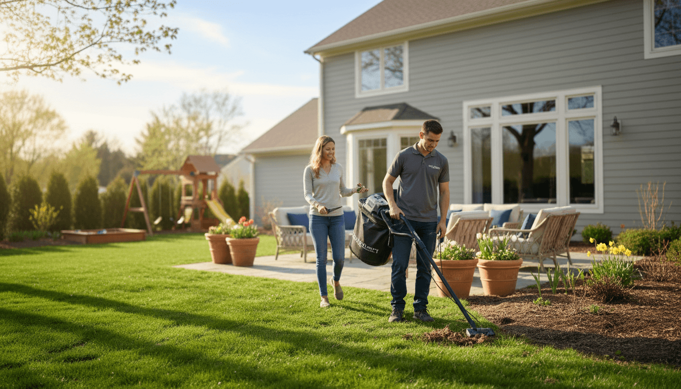 Shield and Scoop professional applying pet-safe treatments to residential lawn in Zionsville