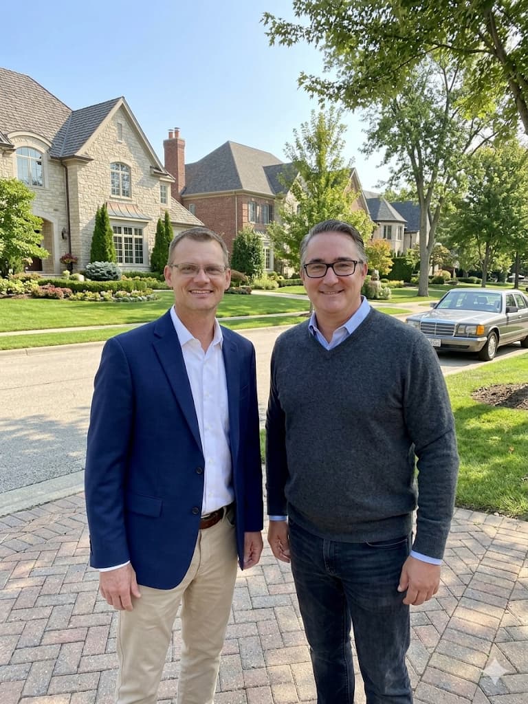 Two men in business casual attire stand on a brick driveway in an upscale neighborhood.