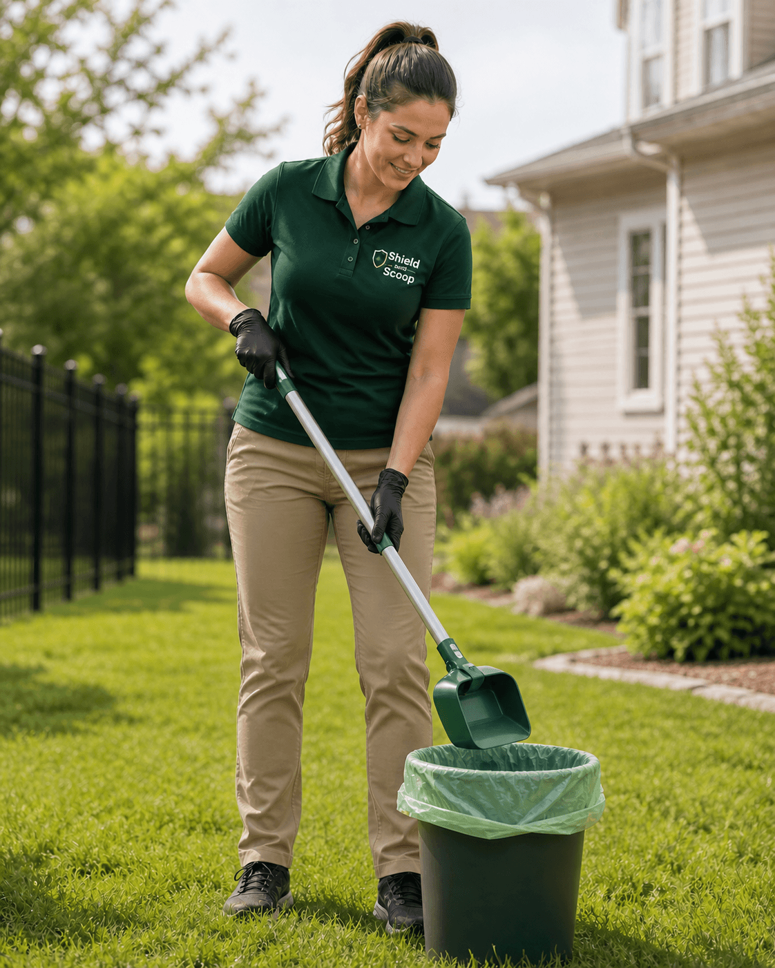Woman in a Shield Scoop uniform using a pooper scooper to clean a backyard lawn.