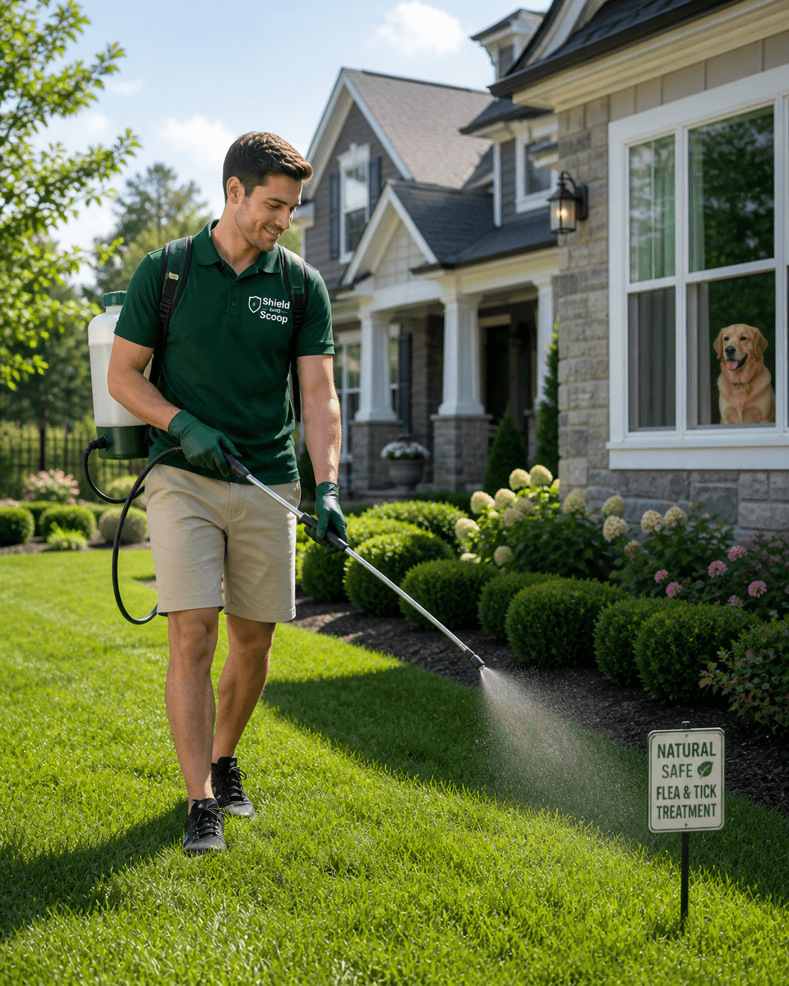 Technician applying natural flea and tick treatment to a lawn outside a suburban home.
