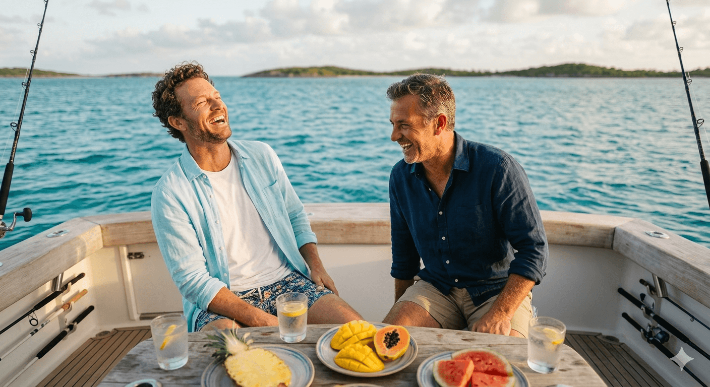 Two men laughing on a boat with fresh fruit and drinks over clear blue water.